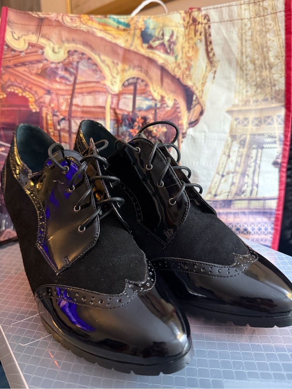 Array Black Patent and Suede Lace-Up Brogue Heel